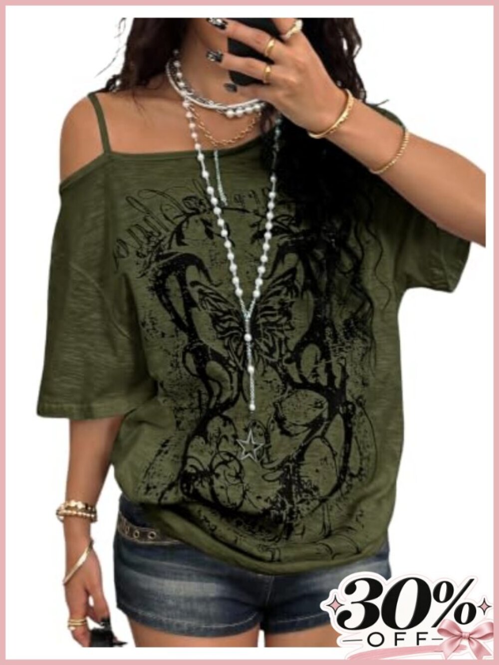 Y2K Grunge Off Shoulder T-Shirt Drop Shoulder Loose Fit Short Sleeve